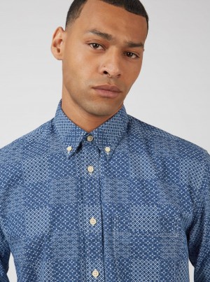 Ben Sherman Chambray Patchwork Geo Print Long-Sleeve Shirts Blue | 604938-VQL