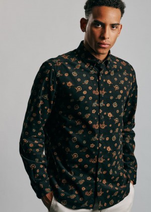 Ben Sherman Retro Floral Print Corduroy Shirts Black | 689023-ERA