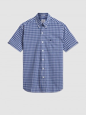 Ben Sherman Short Sleeve House Poplin Gingham Shirts Navy / Olive | 275013-MTY