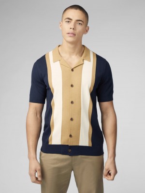 Ben Sherman Signature Resort Neck Button Through Polo Knitwear Navy | 560873-NQD