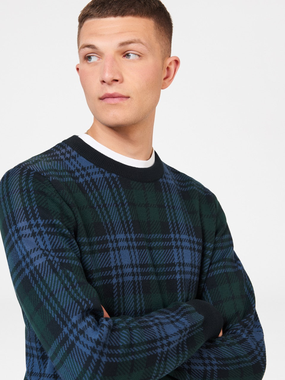 Ben Sherman Blackwatch Check Crewneck Knitwear Black | 431860-YGE