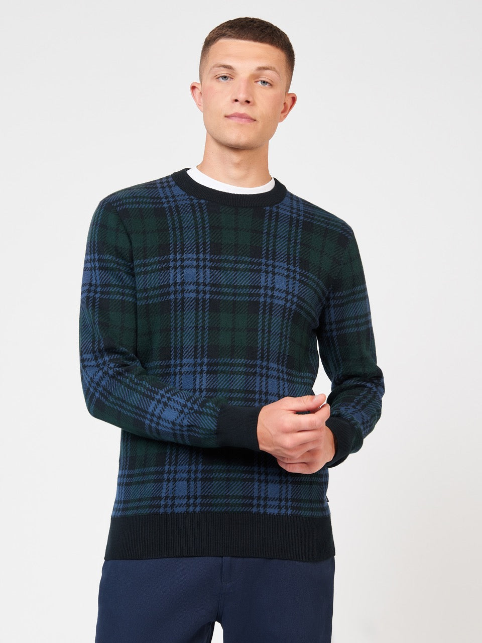 Ben Sherman Blackwatch Check Crewneck Knitwear Black | 431860-YGE