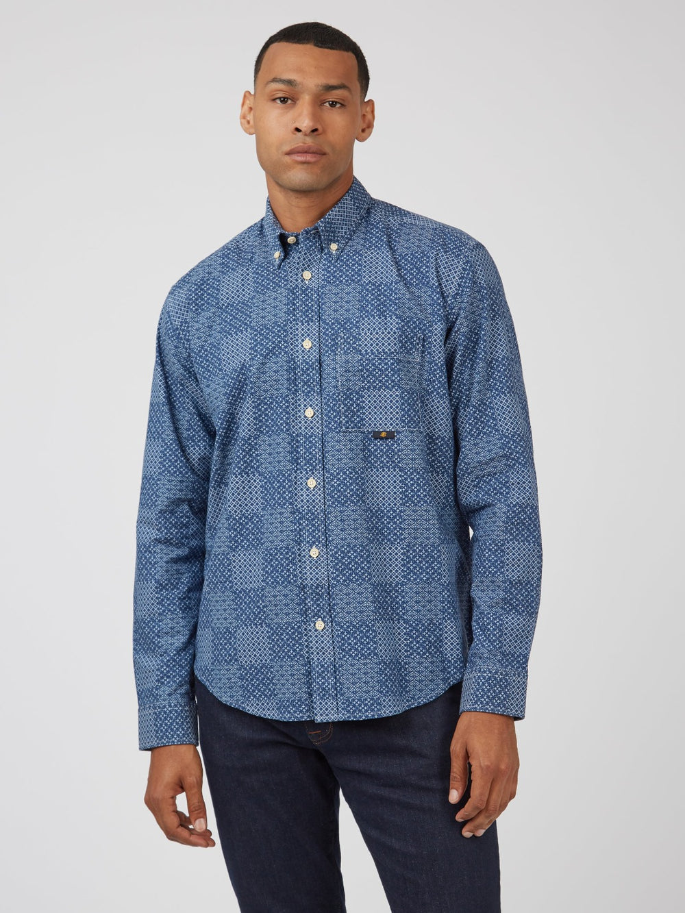 Ben Sherman Chambray Patchwork Geo Print Long-Sleeve Shirts Blue | 604938-VQL