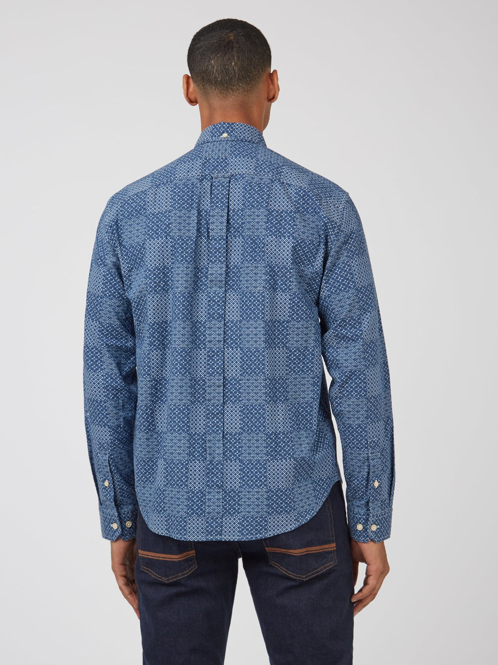 Ben Sherman Chambray Patchwork Geo Print Long-Sleeve Shirts Blue | 604938-VQL