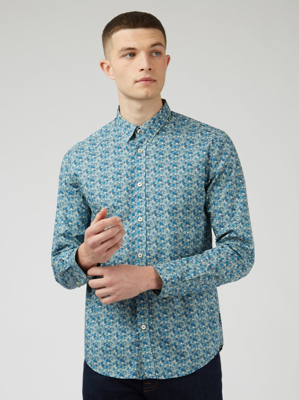 Ben Sherman Floral Print Long-Sleeve Shirts Blue Grey | 823549-WZY