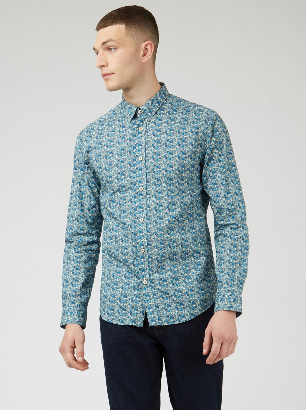 Ben Sherman Floral Print Long-Sleeve Shirts Blue Grey | 823549-WZY